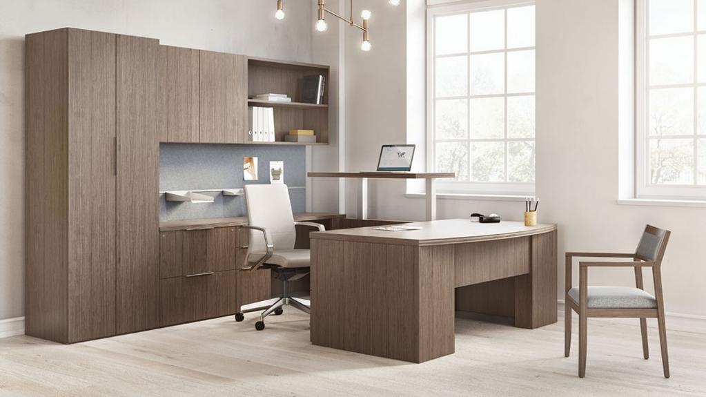 General Manager First Office, Steal Grey Wood Laminate Casegood Finish ISOMETRIC VIEW 72 x 30 Desk with 48 x 22 Bridge and 72 x 22 Credenza.