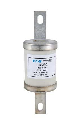 Round body fuse links 750 V d.c., 200 A to 400 A, RC series A range of round bodied traction fuse links which provides protection for DC traction third rail applications. Rated voltage: 750 V d.c. Rated current: 200-400 A Rated breaking capacity: consult Eaton's Bussmann business highspeedtechnical@ eaton.