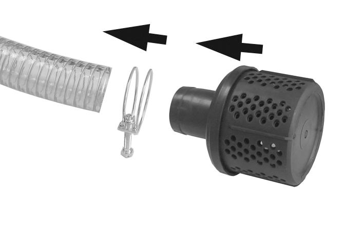 4. Attach the inlet strainer to the end of suction hose using a further hose clamp, to prevent large stones etc, from being drawn up which could cause severe damage. Keep the strainer free of debris.