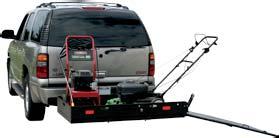 A loading ramp is conveniently built into the carrier and can fold upright and lock into place while traveling.