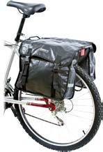 It attaches to a rear bike rack with four straps and includes two reflective strips, one on the back of each compartment, for additional safety.