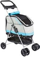 The stroller features a retractable awning with zippered openings and has a storage basket for carrying treats or accessories. An inside leash helps keep pets inside.