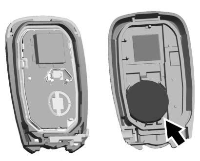 Do not use the key slot. 4. Remove the old battery. Do not use a metal object. 5. Insert the new battery on the back housing, positive side facing down. Replace with a CR2032 or equivalent battery. 6.