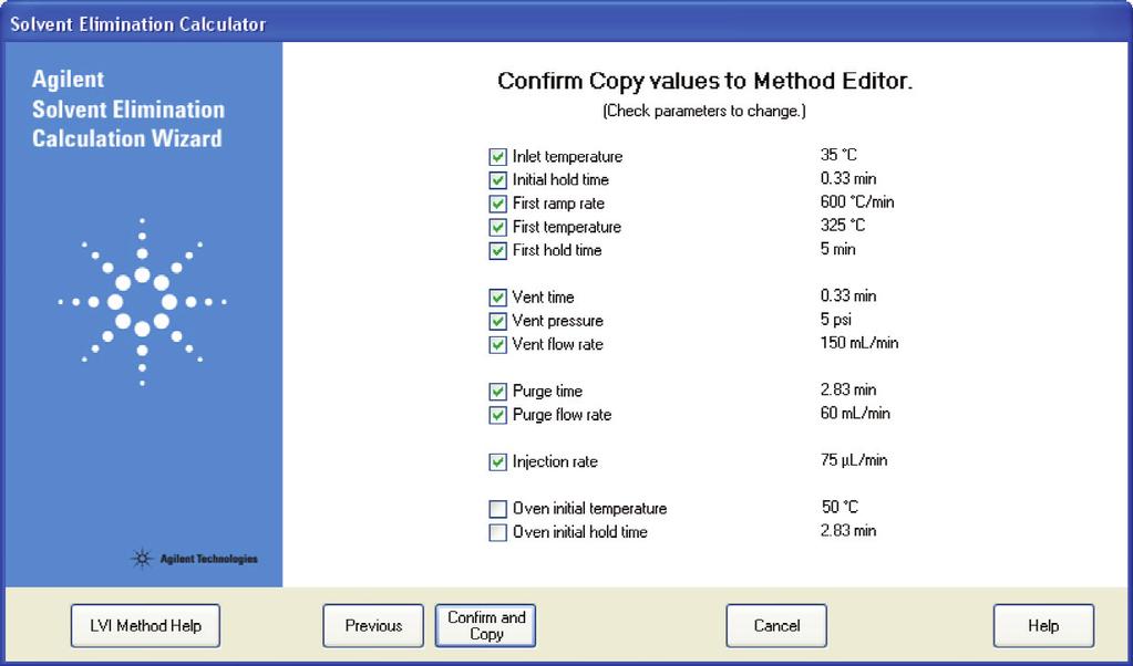 Once calculated, you have the choice of copying values to the method editor.