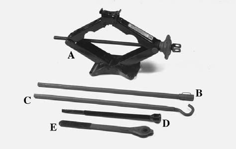 The tools you ll be using include the jack (A), jack handle extension (B), jack handle (C), wheel wrench (D) and the ratchet (E).
