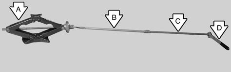 Rear Position Rear Flat: Assemble the jack (A) together with the jack handle (B), jack handle extension (C) and ratchet (D) as shown. Be sure that the ratchet has the UP mark facing you.