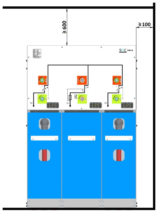 Figure 2: Minimal free height for DR-6 installation Anchor each cubicle of the medium voltage switchgear to the floor as described in 4.1 Anchoring the DR-6C medium voltage switchgear.
