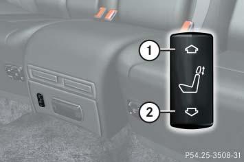 Rear center seat* head restraint adjustment Example illustration from Maybach 57 1 Extending 2 Retracting Switch on the ignition ( page 60). or Open a rear door. Press switch 1 and hold it.