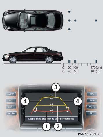 The Parking Assist System (PAS) is an optical parking aid. It shows you the area behind the vehicle on the COMAND display 1.