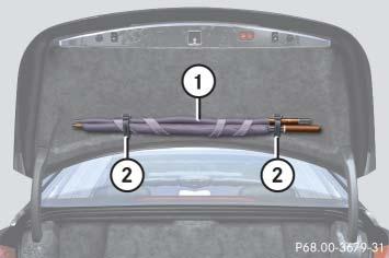 Closing the compartment Swing the cover up. Turn handle 1 or 4 90. Umbrella An umbrella is located in the trunk.