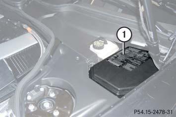 Fuse boxes in engine compartment 1 Fuse box cover, driver s side Opening Take crank out of vehicle document pouch.