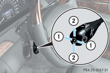 Steering wheel adjustment Adjusting steering column up or down Move the stalk up or down in direction of arrow 2.