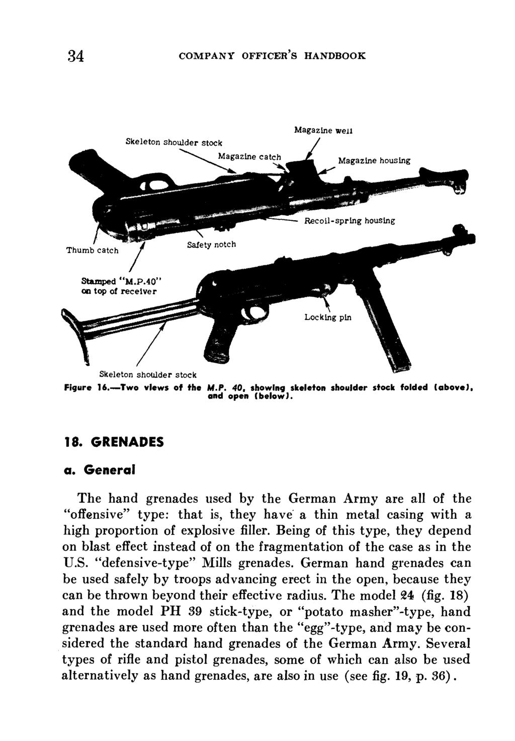 34 COMPANY OFFICER'S HANDBOOK Magazine well Magazne catc Magazlne housing Recoil-spring housing ithumb catcsafety notch Stamped "M.P.40" On top of receiver Locking pin Skeleton shoulder stock Figure 16.