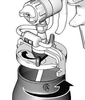 Hand tighten. The spray gun siphon cup is pressurized by the gun air supply.