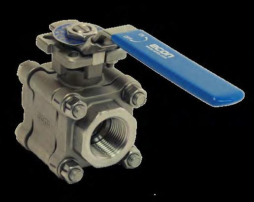 E20: 2000-1500 WOG 3 Piece Full Port Ball Valve with NPT, Socket or Butt Weld Ends with Direct Mount Actuation Design Description The Econ E20 Series is a three piece, full port ball valve with NPT,