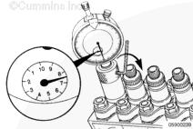 Page 13 of 22 Step: 8 Install the dial indicator from the timing kit in place of the Number 1 delivery valve holder and tighten finger-tight.