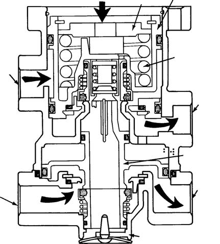 When the inlet valve in the primary portion of the valve is moved off its seat, air passes through the bleed passage in the lower portion of the upper body and enters the relay piston cavity.