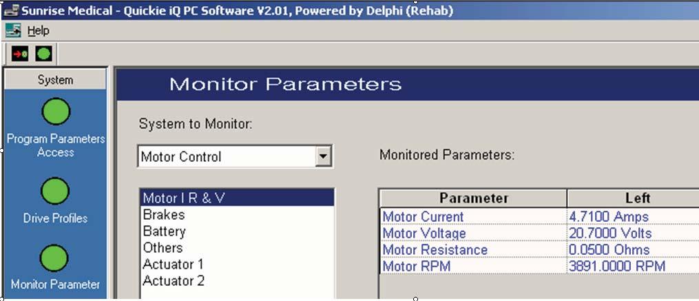QUICKIE ELECTRONICS SECTION 6. and V. (fig2.23.12) If using the Quickie iq, select Monitor Parameter, followed by selecting Motor Controller, then Motor I R and Fig 2.23.13 V. (fig 2.23.13) 7.
