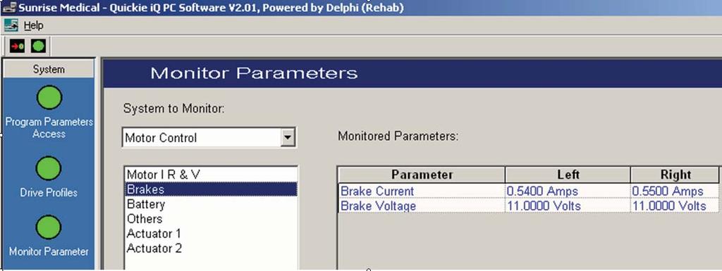 QUICKIE ELECTRONICS SECTION ( fig 2.23.14) 10. If using the Quickie iq, select Monitor Parameter Fig 2.23.15 followed by selecting Brakes. (fig 2.23.15) 11.