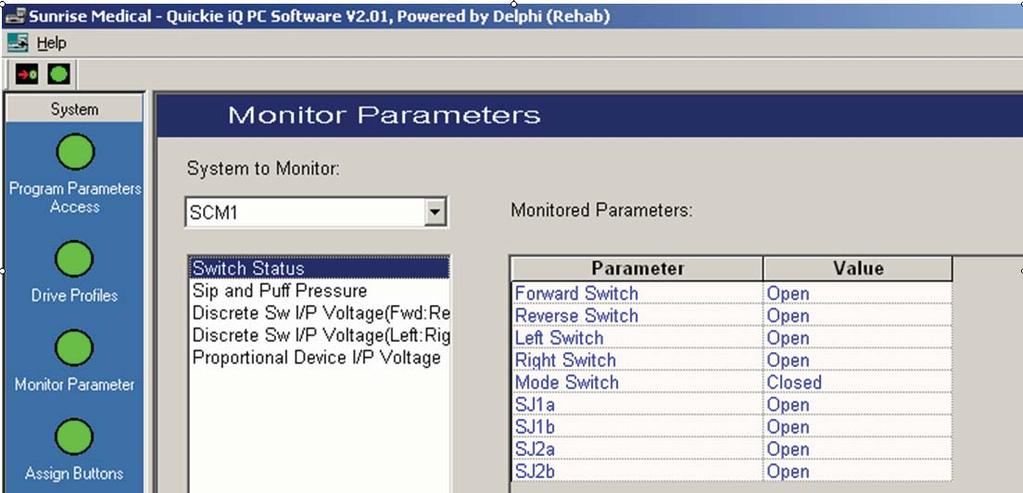 QUICKIE ELECTRONICS SECTION 4. If using the Quickie iq, select Monitor Parameter followed by selecting SCM1 or SCM2, then Switch Status. (fig 2.23.21) Fig 2.23.21 5. 6. 7. 8. 9.