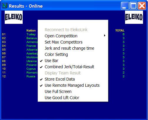 The button DISPLAY (F8) opens a menu from where the user can choose which layout to be displayed. Use Remote Managed Layouts has to be activated in the Eleiko Result application.