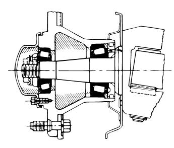 6 Front Non-Drive Steer Axles Figure 6.35 UNITIZED 5. Install the inner and outer bearing cones into the cups in the hubs. The bearing cups must be pressed tight against the shoulder in the hubs. 6. Install new wheel seals into the hubs.