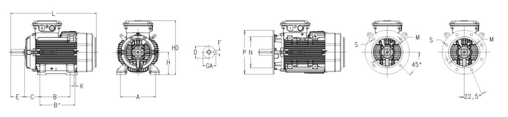 Dimension drawings IE2 General performance aluminum M2AA motors, sizes 56-250 Foot- mounted motor IM1001, B3 and Flange-mounted motor IM 3001, B5 General performance aluminum motors Motor size D