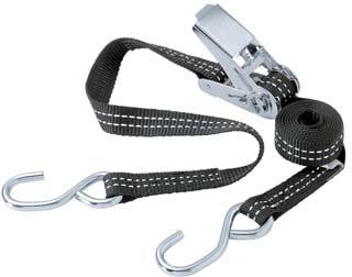 / ctn Design factor 3: Ratchet Tiedown with Chrome S Hooks (Highly visible web) Strap features black webbing with 2 white tracers that reflect light for higher visibility at night.