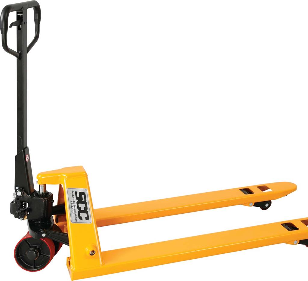 HARDWARE Heavy Duty Pallet Jack SCCʼs premium, heavy duty pallet jack has a 5,500 Lb. capacity. The wheels are made of durable polyurethane for long life.