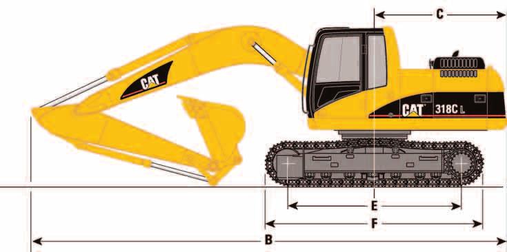 Extra Long stick 8870 C Tail swing radius 2520 * ay be liited by cab height (K) D Swing ground clearance 1050 E Length to centers of rollers 318C, 3255 3636 F Track length