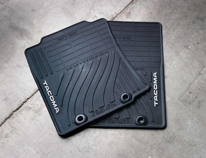 INTERIOR 2 ALL WEATHER FLOOR MATS 1 CARPET FLOOR MATS 4 Custom-tailored for an exact fit to your Tacoma s floor pattern, the carpet floor mats are constructed of high-grade