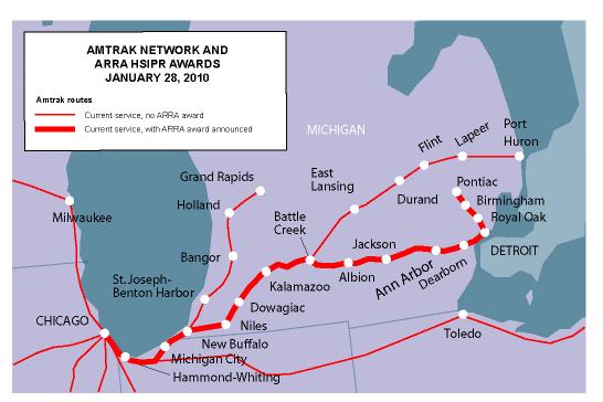 Amtrak Michigan Line Amtrak Lines in Michigan and adjacent states Wolverine service Other Amtrak services Amtrak currently owns 97 miles (Porter-Kalamazoo) of our 304 mile Chicago-Detroit- Pontiac
