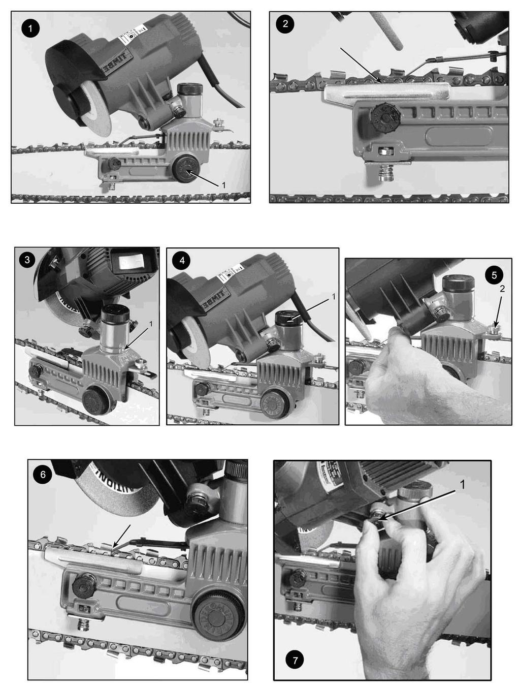 Assembly Instructions 1. Adjust the black knob to attach the chainsaw sharpener on the saw bar tightly. 2. Attach the chain on the groove of the bar-mount. 3.