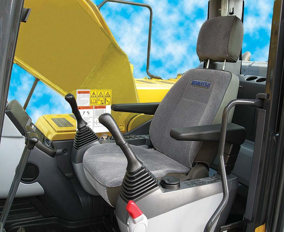Thorough improvement of noise source reduction and use of low noise engine and hydraulic equipment. Wide Newly-designed Cab Newly-designed wide spacious cab includes seat with reclining backrest.