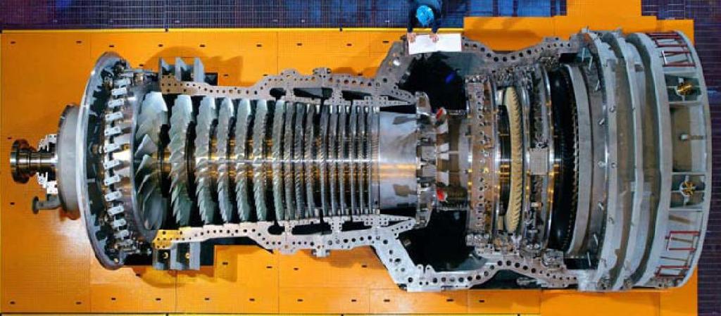 F-Class Gas Turbine Assembly Top-Half removed multi-stage compressor with IGVs, multi-can combustor