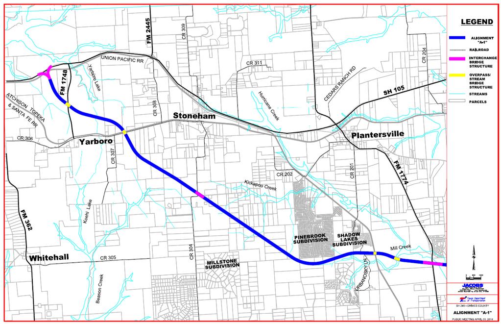 SH 249 Alternatives: A1 Alignment (New Location) Pros: Meets the purpose and need Closely follows the pipeline alignment, intersects SH 105 closest to SH 6 Fewest stream crossings