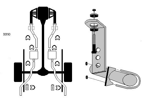 5. Mount the hanger brackets to the existing holes in the frame behind the rear axle using the lag screws and the snapper grommet (see drawing).