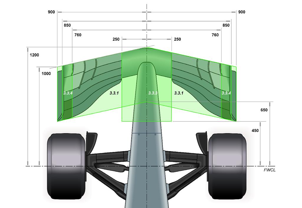 3.4 Front bodywork 3.4.1 Nose shape : Only a single section, which must be open, may be contained within any longitudinal vertical cross section taken parallel to the car centre plane forward of a