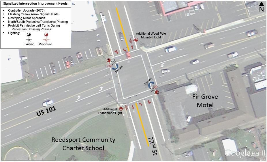 Two new standalone street lights are recommended on the north and west corners of the intersection and rotation of the existing street light on the east corner of the intersection is also proposed.