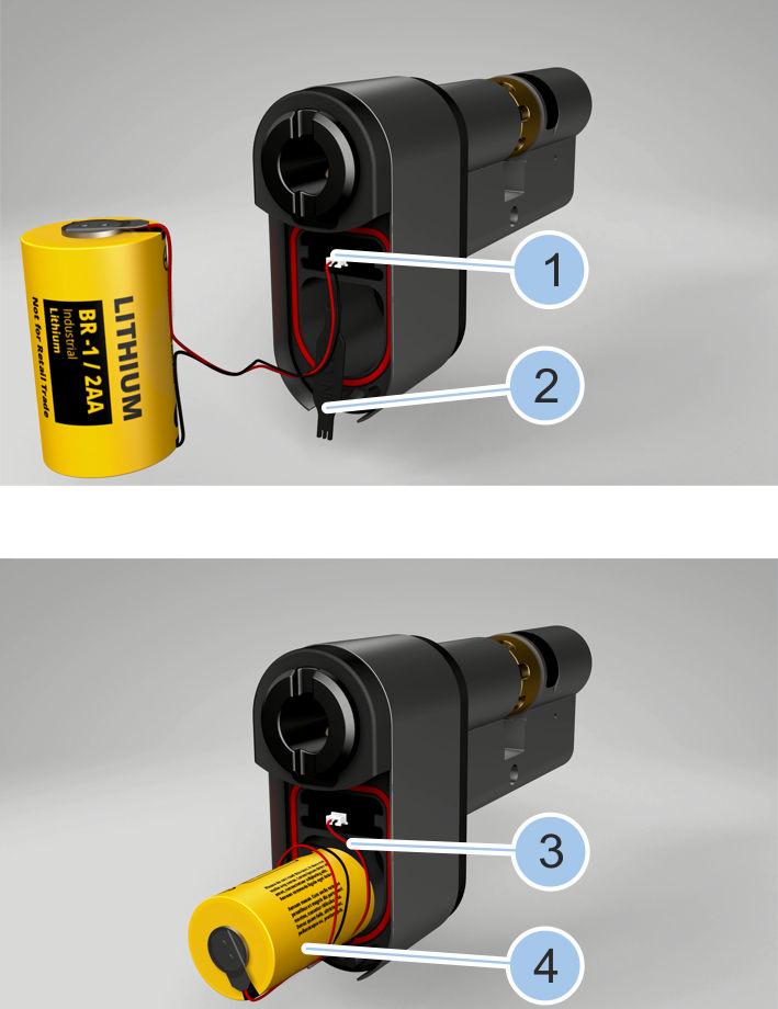 Cleaning and maintenance Insert battery 6. Use replacement tool (2) to insert battery plug (1). 7. Insert new battery (4) from the battery set, including cable (3), into the battery compartment. Fig.