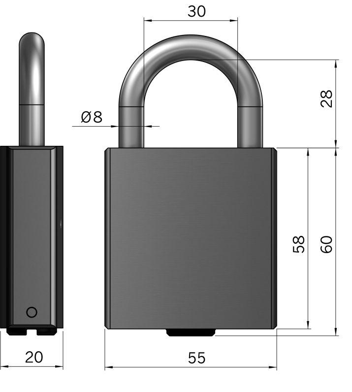 Technical specifications Minimum - 25 C Maximum + 65 C IP protection rating IP 67 VdS environmental class 4 Padlock Type 85 Dimensions Height Width Shackle height clearance 60 mm 55 mm 28 mm Battery