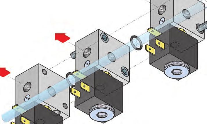 Solenoid valves on multiple sub-bases User ports: 1/8 NPT (BSP version avaiable on request) or push-in fittings for 5/32'' or ø4 mm tube Headers can be used also as bases for standing-alone solenoid