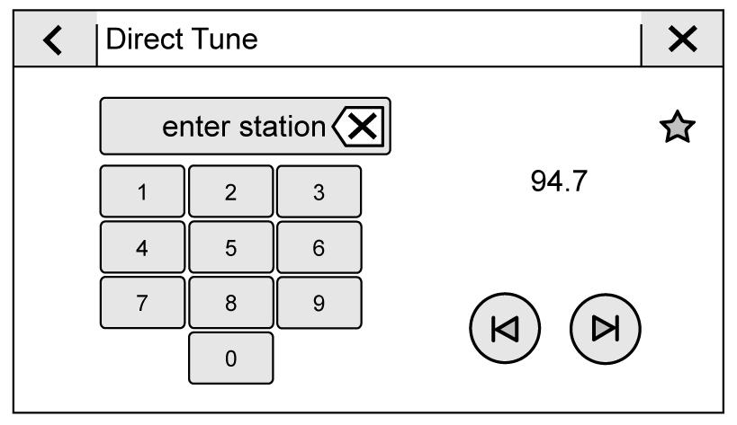 Direct Tune Access Direct Tune by touching the Tune screen icon on the AM, FM, or SXM screen to bring up the keypad. Navigate up and down through all frequencies using or.