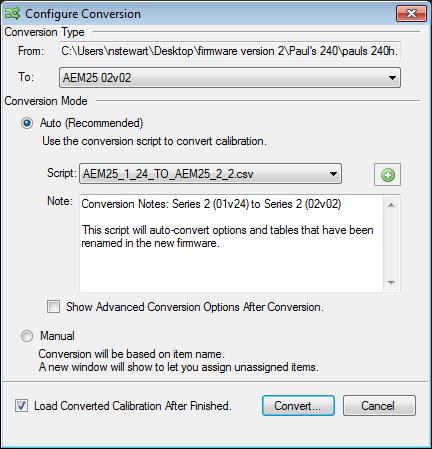 Select AEM25 02v02 from the To: drop down list. The Auto conversion mode should already be selected. Click Convert to start the process.