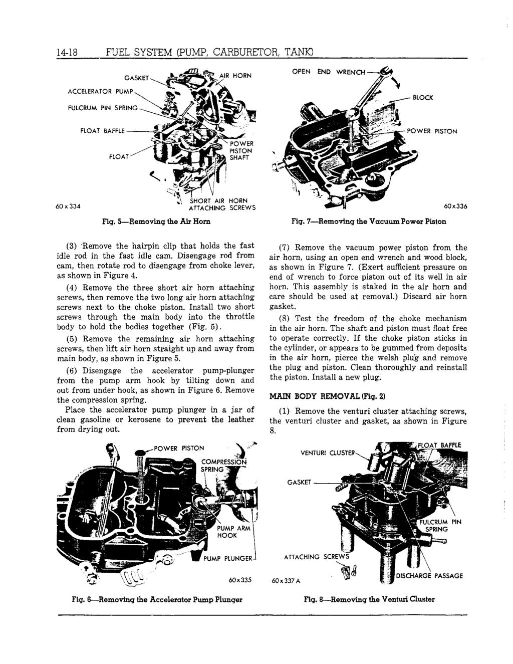 14-18 FUEL SYSTEM (PUMP, CARBURETOR, TANK) 60 x Fig. 5 Removing the Air Horn Fig. 7 Removing the Vacuum Power Piston (3) "Remove the hairpin clip that holds the fast idle rod in the fast idle cam.