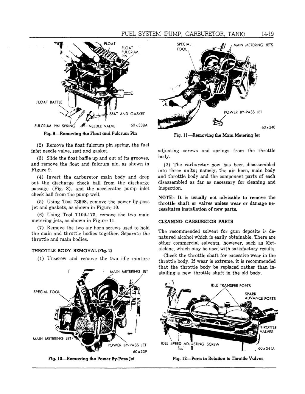 FUEL SYSTEM (PUMP; CARBURETOR, TANK) 14-19 Fig. 9 Removing the Float and Fulcrum Pin (2) Remove the float fulcrum pin spring, the fuel inlet needle valve, seat and gasket.