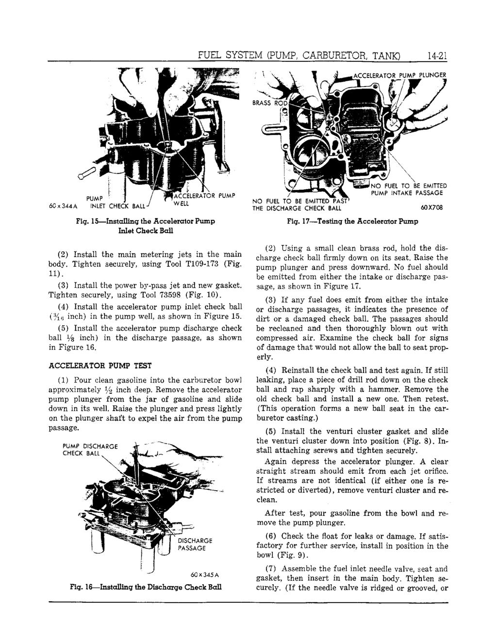 FUEL SYSTEM (PUMP, CARBURETOR, TANK) 14-21 Fig. 15 Installing the Accelerator Pump Met Check BaH - (2)- Install the main metering jets in the main body. Tighten securely, using Tool T109-173 (Fig.