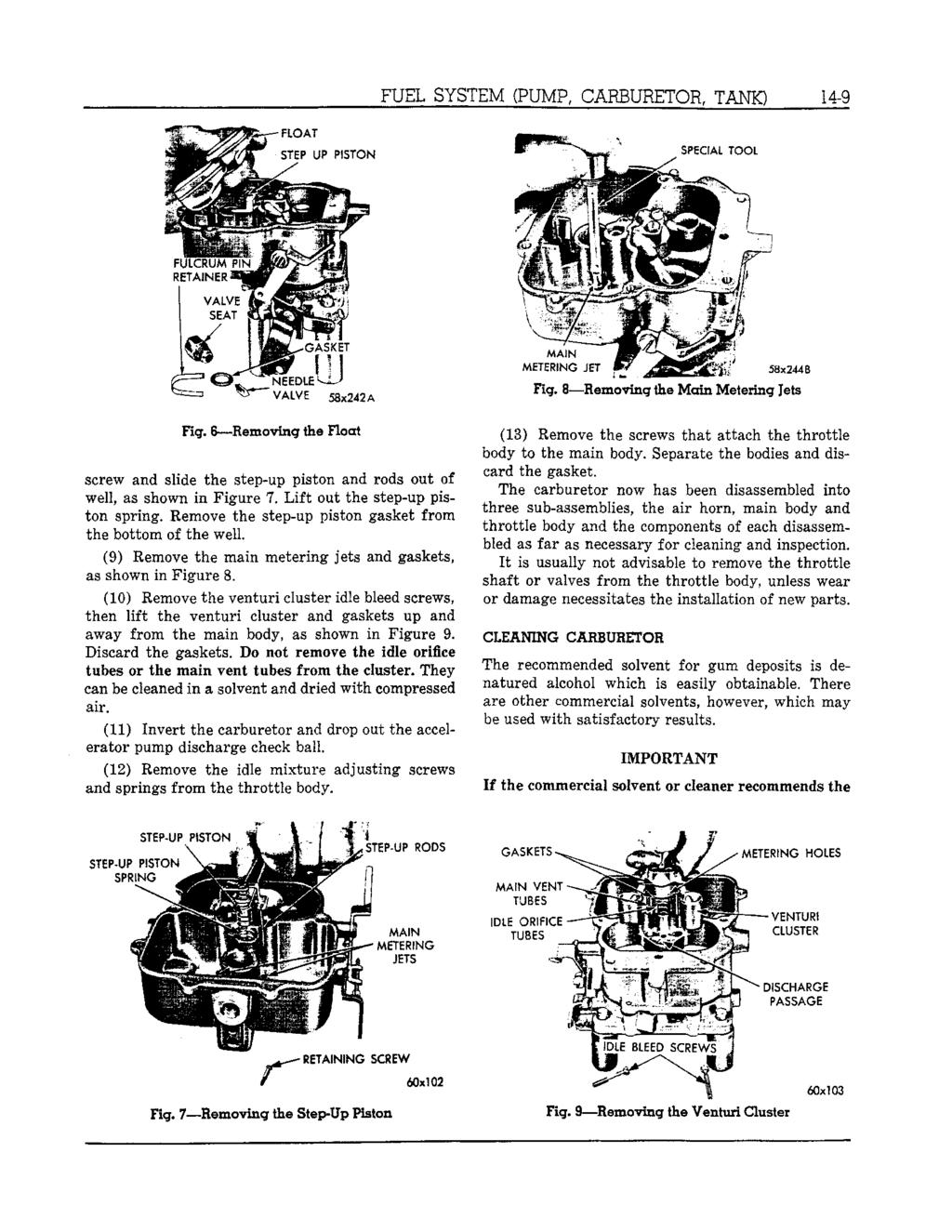FUEL SYSTEM (PUMP, CARBURETOR, TANK) 143 Fig. 6 Removing the Float screw and slide the step-up piston and rods out of well, as shown in Figure 7. Lift out the step-up piston spring.