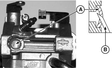 Rotate the choke shaft to the wide open position (Figure 61), then pull the choke plate (B) from the shaft (A). Figure 62 Inspect and Clean Carburetor 1.