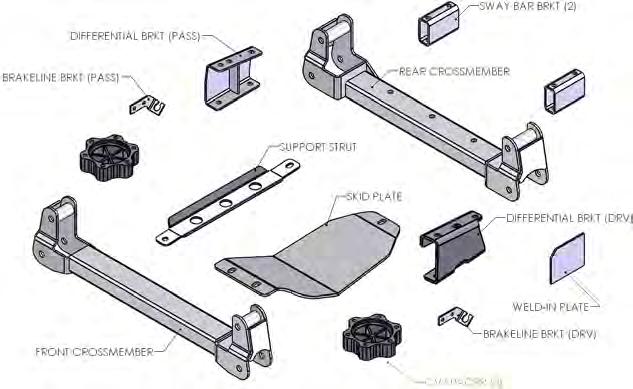 Kit Contents Qty Part 1 Steering Knuckle (Drv) 1 Steering Knuckle (Pass) 1 Front Crossmember 1 Rear Crossmember 2 Front Strut Assembly 1 Differential Brkt (Drv) 1 Differential Brkt (Pass) 2 Sway Bar